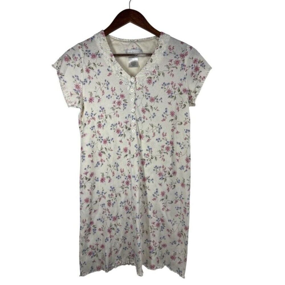 Earth Angels Nightgown Flower Buttons Waffle Knit Vintage ‎ Floral Size S